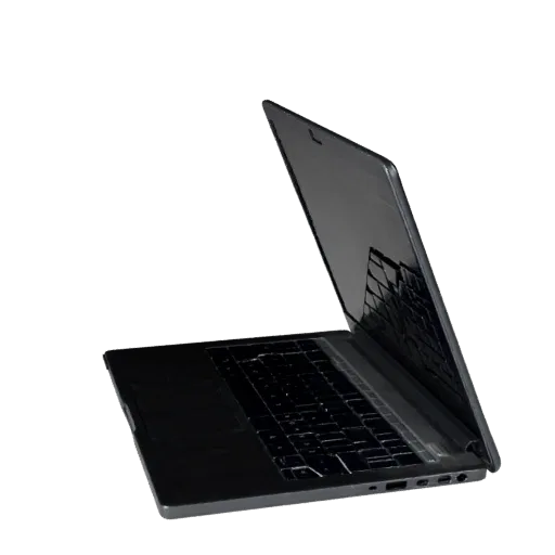 Ultrabook Laptop 3D model, three-quarter front view, Unity viewport, showing brushed metal, open lid angle.