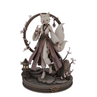 Modello 3D di una sacerdotessa Kitsune in piedi in un diorama con fiori di ciliegio e una lanterna.