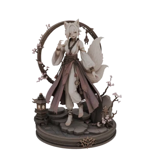 3D model of a Kitsune shrine maiden standing in a diorama with cherry blossoms and a lantern.