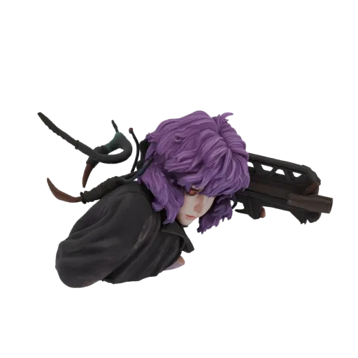 Modello 3D di Motoko Kusanagi da Ghost in the Shell, con fucile tattico, capelli viola e abito scuro.