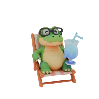 3D model of an anthropomorphic crocodile in sunglasses, sitting in a deck chair with a blue cocktail