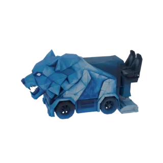 Modelo 3D de um caminhão com cabeça de lobo de gelo estilizada na frente, apresentando facetas geométricas e esquema de cores