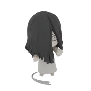 3D-Modell einer Chibi Sadako Yamamura, einer Horrorfigur mit langen schwarzen Haaren und einem weißen Kleid, in unheimlicher