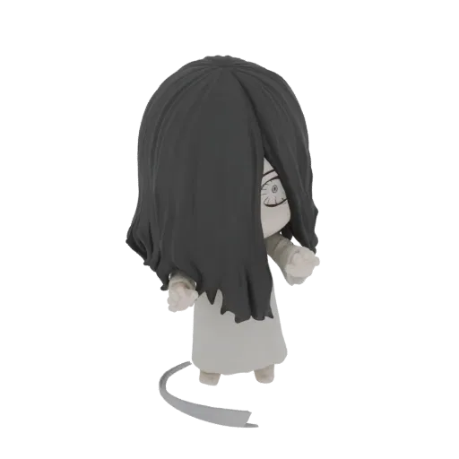 3D model of a chibi Sadako Yamamura, a horror character with long black hair and a white dress, posed eerily.