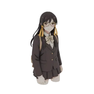 3D-Modell einer Anime-Schülerin mit langen dunklen Haaren, Brille, brauner Schuluniform und beigem Rucksack, lächelnd.