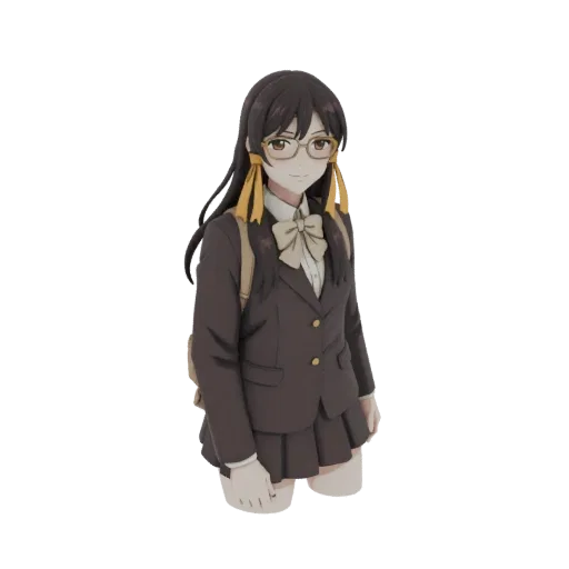 3D model of an anime schoolgirl with long dark hair, glasses, a brown school uniform, and a beige backpack, smiling.
