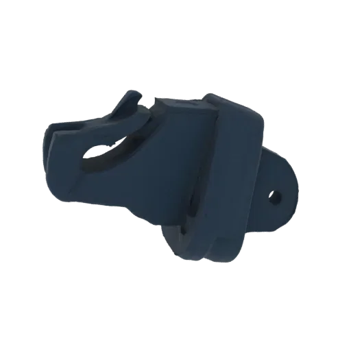 3D render of a dark blue mechanical clip with an interlocking mechanism and a circular mounting hole on the right side, isola
