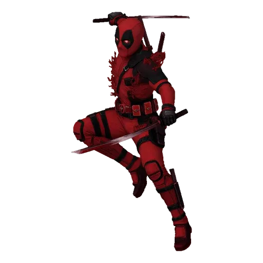 3D model of Deadpool in a dynamic action pose, holding two katanas, wearing his iconic red and black suit.