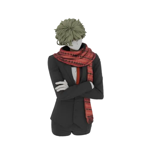 Modelo 3D de personagem inspirado em anime com cabelo verde, vestindo terno preto e cachecol vermelho, braços cruzados.
