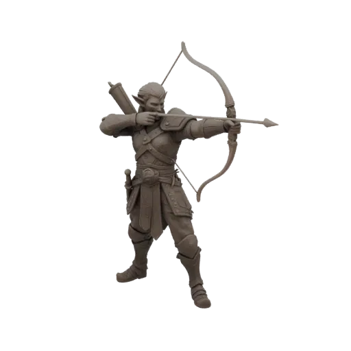Miniatura STL de Elfo de Fantasía Ranger Apuntando, render de mesa a tres cuartos, miniatura de escaramuza imprimible en resi