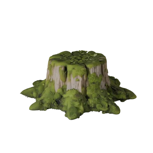 Mossy Stump Set Unity 3D model, isometric viewport view, showing leaf clusters, layered vegetation clusters.