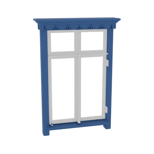 3D model of a blue ornate window frame with white panes, set against a black background.
