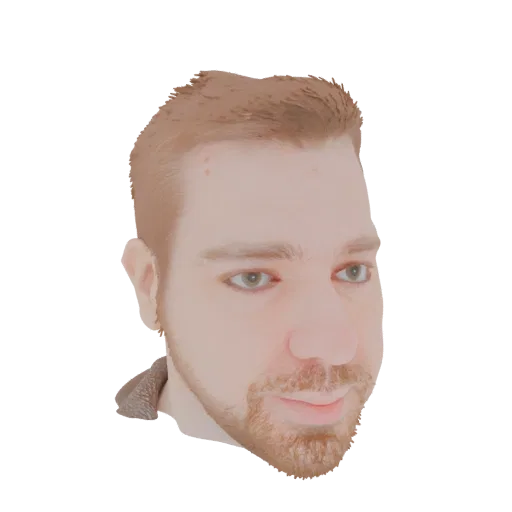 3D model render of a stylized male head with auburn hair, a beard, and light green eyes, facing slightly to the right.