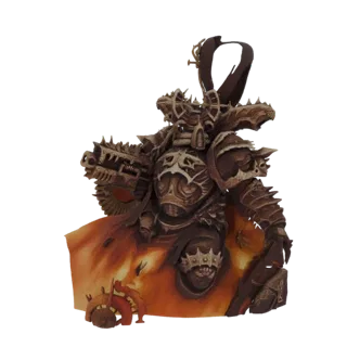 Render de modelo 3D de un busto de Señor de Marines Espaciales del Caos con pistola de plasma y base llameante, mostrando det