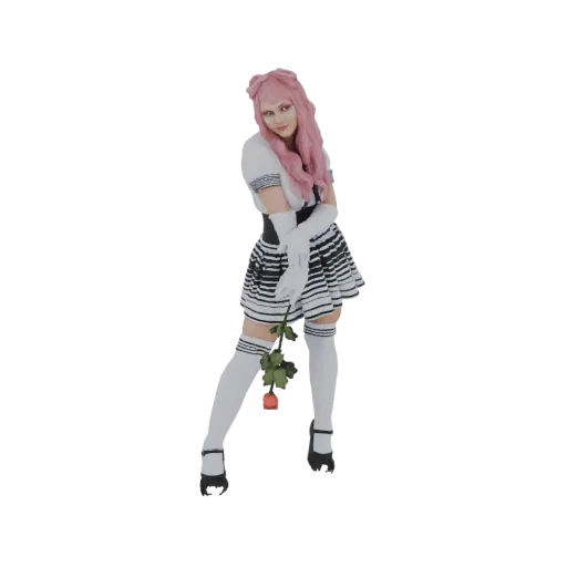 Modèle 3D d'une poupée d'inspiration anime aux cheveux roses, portant une tenue de marin et tenant une rose rouge.