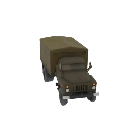 Modello 3D di un camion militare sovietico verde con cassone coperto da telo, visto da un'angolazione anteriore-destra.