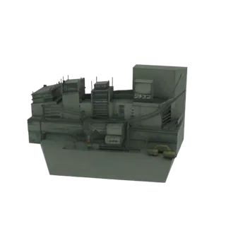 3D-Modell eines detaillierten Cyberpunk-Stadtblocks mit mehreren Ebenen, freiliegenden Kabeln und Schildern, vor neutralem Hi