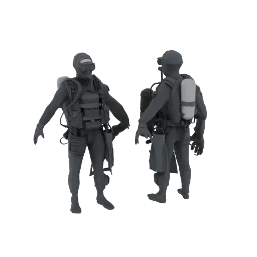 3D model of a tactical diver wearing scuba gear, shown from front and back.