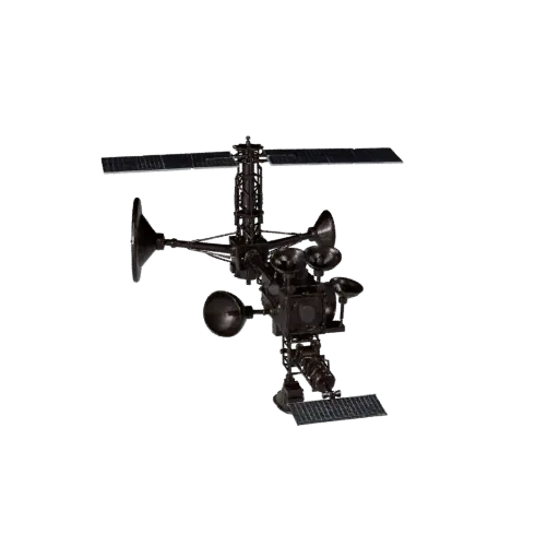 Research Orbital Telescope 3D model, three-quarter front view, Unity viewport, showing solar panels, form detail.