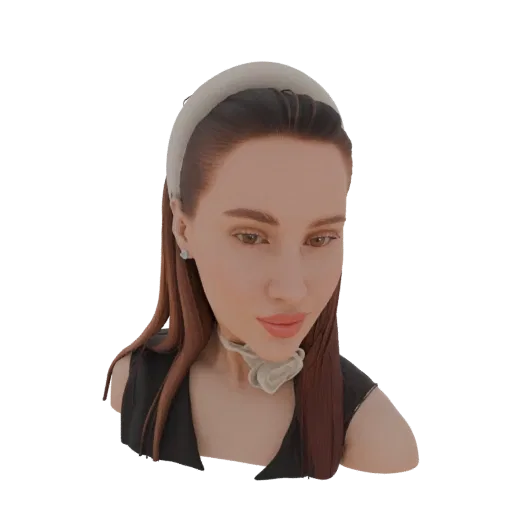 3D model of a fashionable woman wearing a padded headband and a ruffled scarf, looking down with a neutral expression.