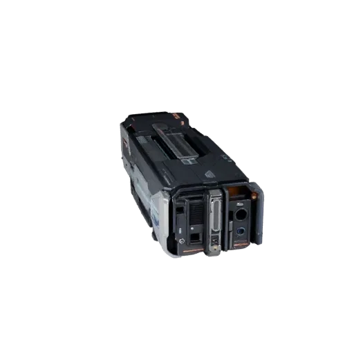 Cyberpunk Hologram Projector 3D model, three-quarter front view, Unity viewport, showing emissive strips, form detail.