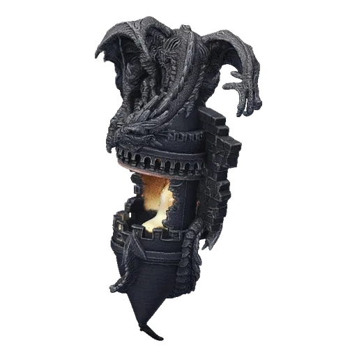 3D model of a gothic dragon perched on a crumbling tower, with a light source inside the tower.