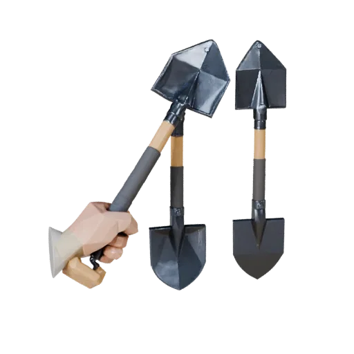 Worn Shovel Low Poly 3D model, game viewport three-quarter view, showing painted metal, functional silhouettes.
