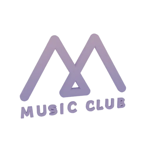 3D-Render eines Musikclub-Logos mit stilisiertem 'M'-Symbol und 'MUSIC CLUB'-Text darunter, mit Lila-zu-Pink-Farbverlauf.