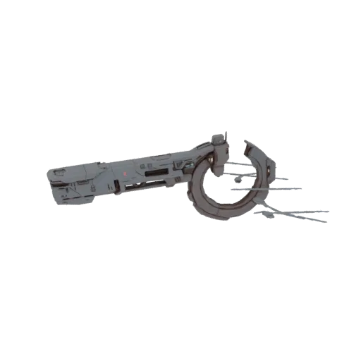 3D model of a futuristic weapon with a large circular saw blade and angular grey metallic body.