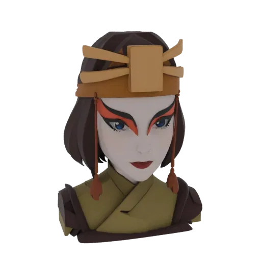 3D model bust of Avatar Kyoshi with distinctive red and black makeup, a golden headdress, and warrior attire.