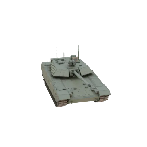 Front-facing 3D model of a modern olive drab main battle tank with a large turret and main gun, set against a black backgroun