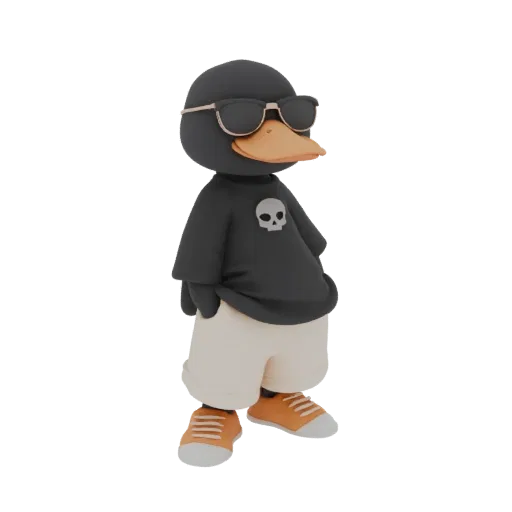 Modelo 3D de personagem pato legal usando óculos escuros e camiseta de caveira, com mãos nos bolsos.
