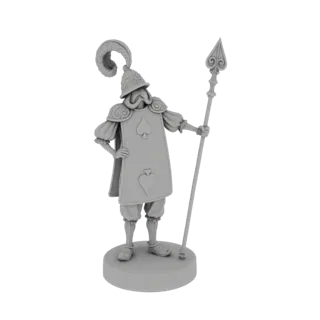 3D model of an Ace of Spades Guard from Alice in Wonderland, wearing ornate armor and holding a spear, standing on a circular