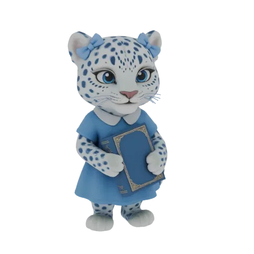 3D model of a cute snow leopard cub wearing a blue dress and bows, holding a book.