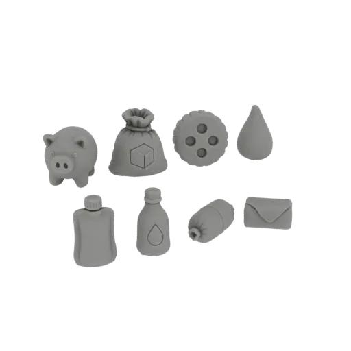 A 3D render of seven miniature everyday objects: a piggy bank, money bag, cookie, water drop, bottle, capsule, and envelope,