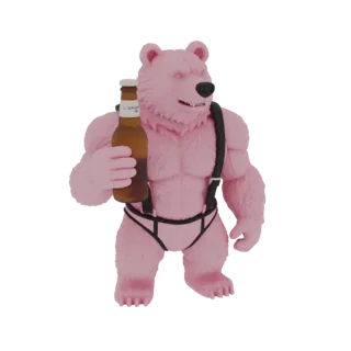 Ein 3D-Rendering eines rosa, muskulösen Bären mit Bierflasche, schwarzen Hosenträgern und rosa Slip, vor weißem Hintergrund.
