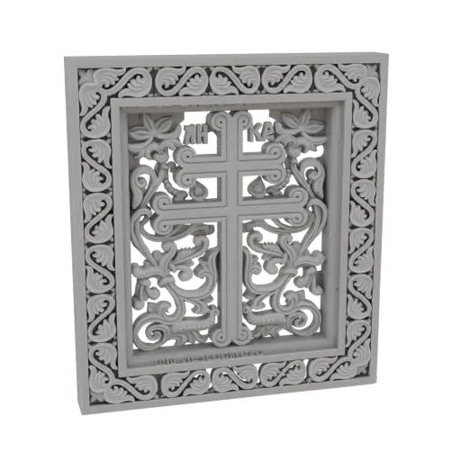 3D model of a white, intricately carved Orthodox cross relief panel with floral scrollwork and Cyrillic text.