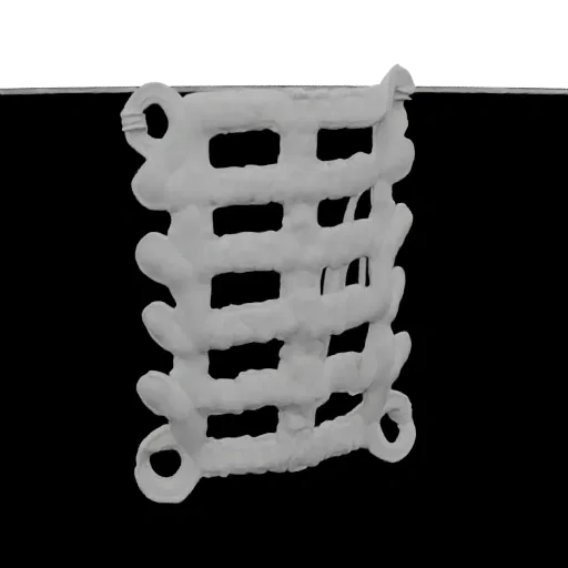 3D render of a white lattice structure with a grid pattern and circular connectors against a black background.