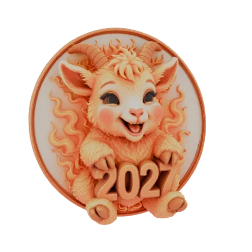Un modèle 3D d'une chèvre mignonne et souriante aux joues roses, tenant les chiffres '2027' dans ses pattes, sur un fond chau