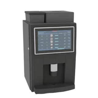 3D model of a modern black coffee machine with a large touchscreen display showing a menu.
