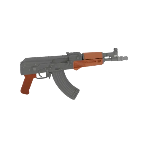 3D model of an AK-47 assault rifle with a grey metallic body and bright orange handguard and pistol grip, set against a black