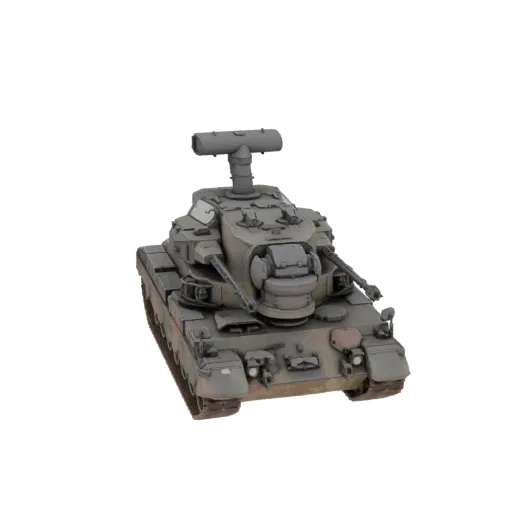 Modelo 3D de um veículo antiaéreo alemão Gepard com canhões duplos e radar, mostrado de uma vista frontal-três-quartos.