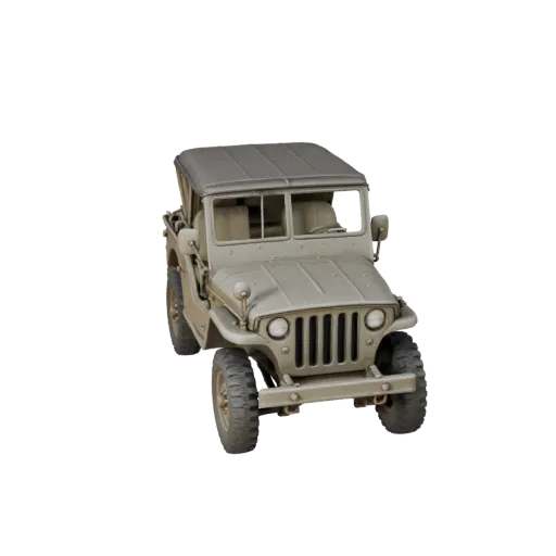 Modelo 3D de Jeep Militar de la Segunda Guerra Mundial, vista de estudio a tres cuartos, activo de vehículo listo para animac