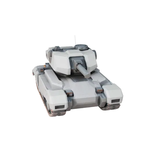 Modello 3D carro armato Sci Fi Low Poly, vista di gioco tre quarti, asset veicolo low-poly con pannellature futuristiche, zon