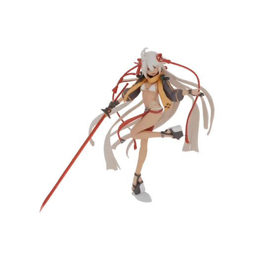 3D model of an anime warrior with white flowing hair, holding a red katana, wearing a white bikini top and yellow/black jacke