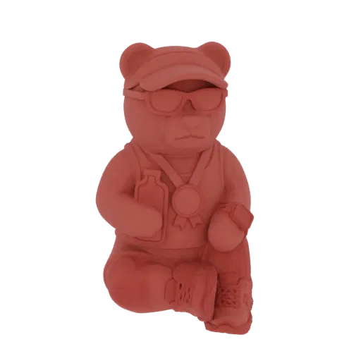 3D model of a red bear figurine wearing sunglasses, a cap, and a medal, sitting with a water bottle.