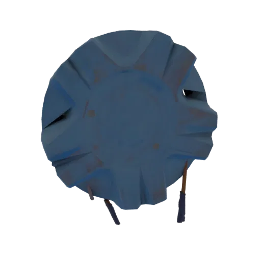 A 3D render of a circular, blue industrial fan guard with visible rust and exposed wires, set against a black background.