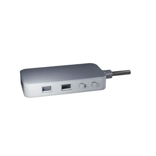 Minimal USB Hub Low Poly 3D model, game viewport three-quarter view, showing plastic shells, desktop scale.