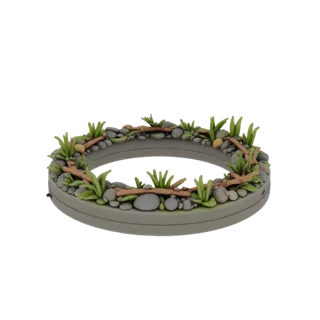 Modèle 3D d'un socle rond de 15 cm de diamètre, décoré d'éléments de bord de rivière : pierres, herbe et brindilles.