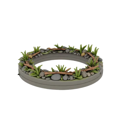 3D model of a round stand, 15 cm diameter, decorated with river bank elements: stones, grass, and twigs.